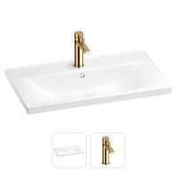 Раковина для ванной Wellsee FreeDom 201000863 в наборе 2 в 1: прямоугольная раковина белого глянцевого цвета, смеситель в цвете золото