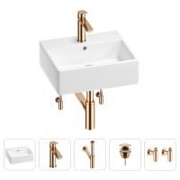 Раковина для ванной Wellsee Graceful Pro 201004609 в наборе 5 в 1: раковина белого глянцевого цвета, смеситель, сифон, донный клапан, угловые вентили (цвет набора розовое золото)