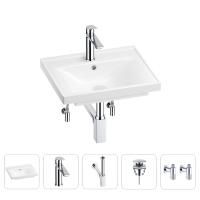 Раковина для ванной Wellsee FreeDom 201004736 в наборе 5 в 1: раковина белого глянцевого цвета, смеситель, сифон, донный клапан, угловые вентили (цвет набора хром)