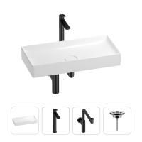 Раковина для ванной Wellsee Pure BY Wellsee 201002782 в наборе 4 в 1: раковина белого глянцевого цвета, высокий смеситель, сифон, выпуск (цвет набора матовый черный)