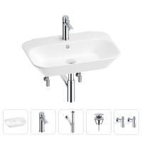 Раковина для ванной Wellsee Eclatant 201005411 в наборе 5 в 1: раковина белого глянцевого цвета, смеситель, сифон, донный клапан, угловые вентили (цвет набора хром)