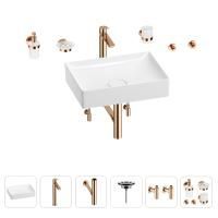 Раковина для ванной Wellsee Pure BY Wellsee 201006394 в наборе 9 в 1: раковина белого глянцевого цвета, высокий смеситель, сифон, выпуск, угловые вентили, аксессуары (цвет розовое золото)