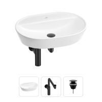 Раковина для ванной Wellsee Calin 201000997 в наборе 3 в 1: овальная раковина белого глянцевого цвета, сифон, донный клапан в цвете матовый черный
