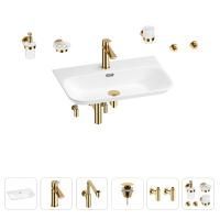 Раковина для ванной Wellsee Eclatant 2.0 201007543 в наборе 9 в 1: раковина белого глянцевого цвета, смеситель, сифон, донный клапан, угловые вентили, аксессуары (цвет набора золото)