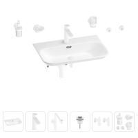Раковина для ванной Wellsee Eclatant 2.0 201007545 в наборе 9 в 1: раковина белого глянцевого цвета, смеситель, сифон, донный клапан, угловые вентили, аксессуары (цвет набора матовый белый)