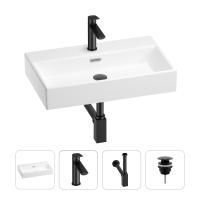 Раковина для ванной Wellsee Graceful Pro 201002962 в наборе 4 в 1: раковина белого глянцевого цвета, смеситель, сифон, донный клапан (цвет набора матовый черный)