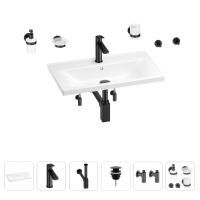 Раковина для ванной Wellsee FreeDom 201007012 в наборе 9 в 1: раковина белого глянцевого цвета, смеситель, сифон, донный клапан, угловые вентили, аксессуары (цвет набора матовый черный)
