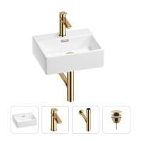 Раковина для ванной Wellsee Graceful Pro 201002873 в наборе 4 в 1: раковина белого глянцевого цвета, смеситель, сифон, донный клапан (цвет набора золото)
