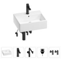 Раковина для ванной Wellsee Graceful Pro 201004622 в наборе 5 в 1: раковина белого глянцевого цвета, смеситель, сифон, донный клапан, угловые вентили (цвет набора матовый черный)