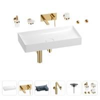 Раковина для ванной Wellsee Pure BY Wellsee 201006548 в наборе 8 в 1: раковина белого глянцевого цвета, встраиваемый смеситель, сифон, выпуск, аксессуары (цвет набора золото)
