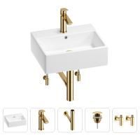 Раковина для ванной Wellsee Graceful Pro 201004598 в наборе 5 в 1: раковина белого глянцевого цвета, смеситель, сифон, донный клапан, угловые вентили (цвет набора золото)