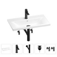 Раковина для ванной Wellsee FreeDom 201004952 в наборе 5 в 1: раковина белого глянцевого цвета, смеситель, сифон, донный клапан, угловые вентили (цвет набора матовый черный)