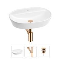 Раковина для ванной Wellsee Calin 201000979 в наборе 3 в 1: овальная раковина белого глянцевого цвета, сифон, донный клапан в цвете розовое золото