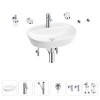 Раковина для ванной Wellsee Calin 201005581 в наборе 9 в 1: раковина белого глянцевого цвета, смеситель, сифон, донный клапан, угловые вентили, аксессуары (цвет набора хром)