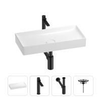 Раковина для ванной Wellsee Pure BY Wellsee 201002707 в наборе 4 в 1: раковина белого глянцевого цвета, высокий смеситель, сифон, выпуск (цвет набора матовый черный)
