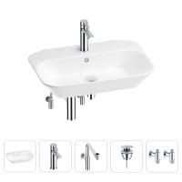 Раковина для ванной Wellsee Eclatant 201005421 в наборе 5 в 1: раковина белого глянцевого цвета, смеситель, сифон, донный клапан, угловые вентили (цвет набора хром)
