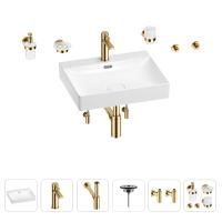 Раковина для ванной Wellsee DeSire 201007558 в наборе 9 в 1: раковина белого глянцевого цвета, смеситель, сифон, выпуск, угловые вентили, аксессуары (цвет набора золото)