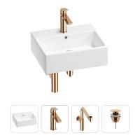 Раковина для ванной Wellsee Graceful Pro 201002944 в наборе 4 в 1: раковина белого глянцевого цвета, смеситель, сифон, донный клапан (цвет набора розовое золото)