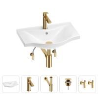 Раковина для ванной Wellsee Bisou 201005128 в наборе 5 в 1: раковина белого глянцевого цвета, смеситель, сифон, донный клапан, угловые вентили (цвет набора золото)