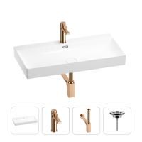 Раковина для ванной Wellsee Bromance 201003869 в наборе 4 в 1: раковина белого глянцевого цвета, смеситель, сифон, выпуск (цвет набора розовое золото)