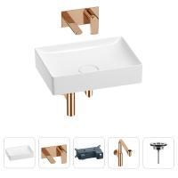 Раковина для ванной Wellsee Pure BY Wellsee 201002694 в наборе 4 в 1: раковина белого глянцевого цвета, встраиваемый смеситель, сифон, выпуск (цвет набора розовое золото)