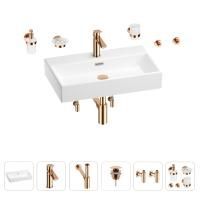 Раковина для ванной Wellsee Graceful Pro 201006704 в наборе 9 в 1: раковина белого глянцевого цвета, смеситель, сифон, донный клапан, угловые вентили, аксессуары (цвет набора розовое золото)