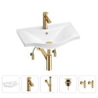 Раковина для ванной Wellsee Bisou 201005158 в наборе 5 в 1: раковина белого глянцевого цвета, смеситель, сифон, донный клапан, угловые вентили (цвет набора золото)