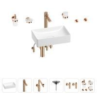 Раковина для ванной Wellsee Pure BY Wellsee 201006339 в наборе 9 в 1: раковина белого глянцевого цвета, высокий смеситель, сифон, выпуск, угловые вентили, аксессуары (цвет розовое золото)