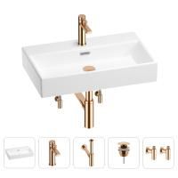 Раковина для ванной Wellsee Graceful Pro 201004664 в наборе 5 в 1: раковина белого глянцевого цвета, смеситель, сифон, донный клапан, угловые вентили (цвет набора розовое золото)