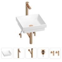 Раковина для ванной Wellsee Doux 201004174 в наборе 5 в 1: раковина белого глянцевого цвета, высокий смеситель, сифон, донный клапан, угловые вентили (цвет набора розовое золото)
