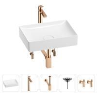 Раковина для ванной Wellsee Pure BY Wellsee 201004389 в наборе 5 в 1: раковина белого глянцевого цвета, высокий смеситель, сифон, выпуск, угловые вентили (цвет набора розовое золото)