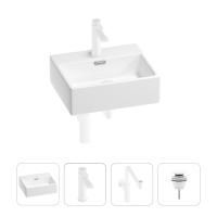 Раковина для ванной Wellsee Graceful Pro 201002900 в наборе 4 в 1: раковина белого глянцевого цвета, смеситель, сифон, донный клапан (цвет набора матовый белый)