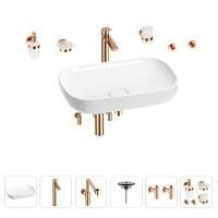 Раковина для ванной Wellsee Croquis 201005709 в наборе 9 в 1: раковина белого глянцевого цвета, высокий смеситель, сифон, выпуск, угловые вентили, аксессуары (цвет розовое золото)