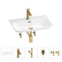 Раковина для ванной Wellsee Eclatant 2.0 201005438 в наборе 5 в 1: раковина белого глянцевого цвета, смеситель, сифон, донный клапан, угловые вентили (цвет набора золото)