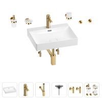 Раковина для ванной Wellsee DeSire 201007568 в наборе 9 в 1: раковина белого глянцевого цвета, смеситель, сифон, выпуск, угловые вентили, аксессуары (цвет набора золото)