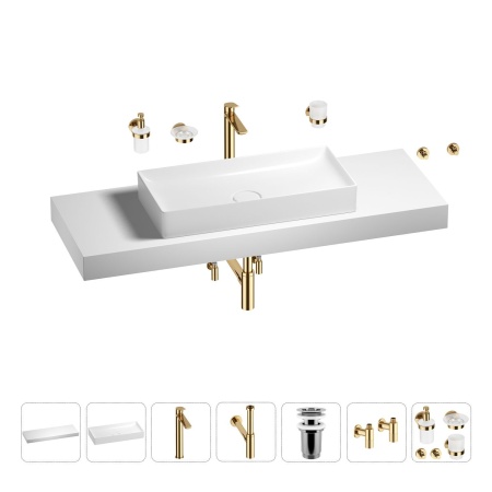 Раковина 75 см со столешницей 140 см Wellsee Pure BY Wellsee 201011873 в наборе 10 в 1: столешница, раковина, высокий смеситель, сифон, выпуск, кран-вентили, аксессуары (цвет золото)
