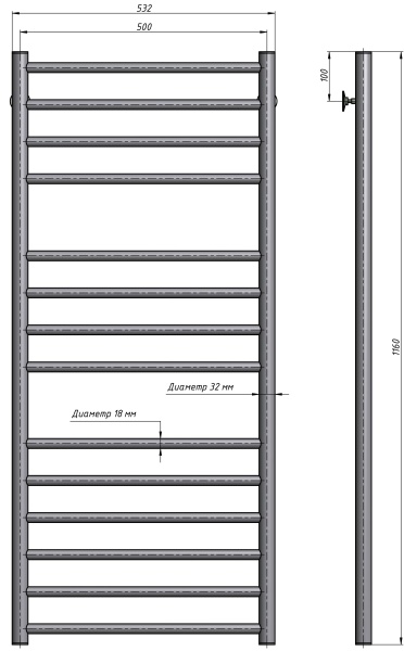Полотенцесушитель водяной Stinox Toscana Luxe 500x1200, нижнее подключение, хром, 1/2" ВР (внутренняя резьба), 14 перекладин