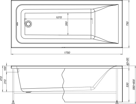 Акриловая ванна STWORKI Стокгольм 175x75 см, встраиваемая, белая, с каркасом