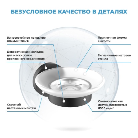 Стеклянная мыльница с латунным настенным держателем Wellsee Finishing Touch 182502000 (цвет мыльницы матовый, цвет держателя черный матовый). Для применения в ванной комнате и кухне