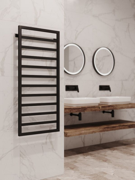 Полотенцесушитель водяной Stinox Bergamo 500x1200, нижнее подключение, черный матовый, 1/2" ВР (внутренняя резьба), 10 перекладин