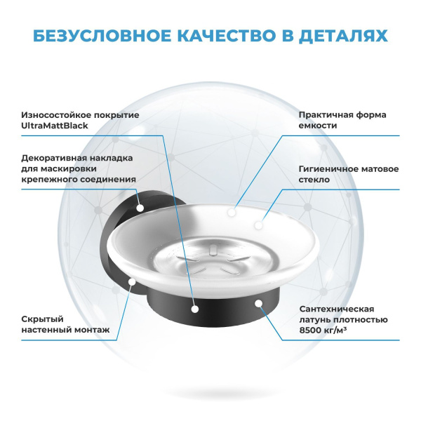 Стеклянная мыльница с латунным настенным держателем Wellsee Finishing Touch 182502000 (цвет мыльницы матовый, цвет держателя черный матовый). Для применения в ванной комнате и кухне