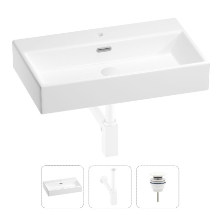 Раковина для ванной Wellsee Graceful Pro 201001360 в наборе 3 в 1: прямоугольная раковина белого глянцевого цвета, сифон, донный клапан в цвете матовый белый
