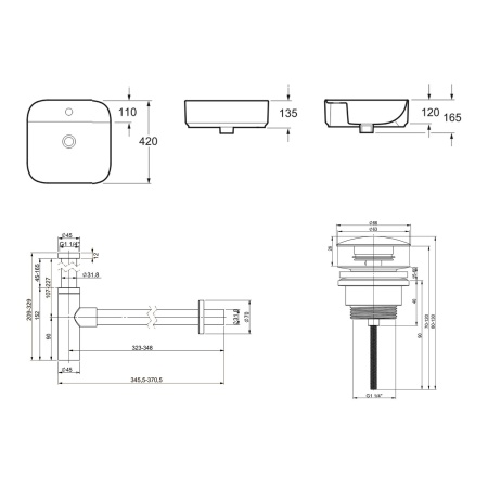 Комплект 3 в 1 Lavinia Boho Bathroom Sink 21520310: накладная фарфоровая раковина 42 см, металлический сифон, донный клапан