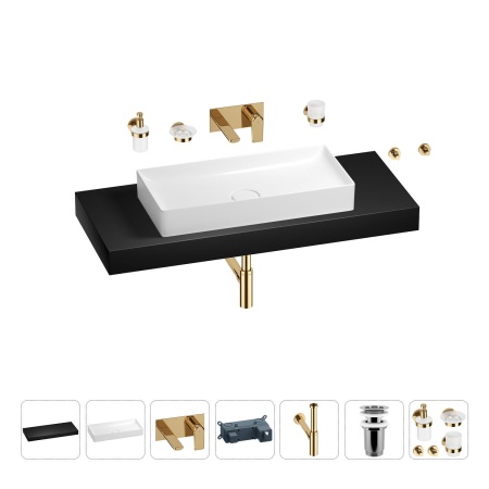 Раковина 75 см со столешницей 120 см Wellsee Pure BY Wellsee 201011783 в наборе 9 в 1: столешница, раковина, встраиваемый смеситель, сифон, выпуск, аксессуары (цвет набора золото)
