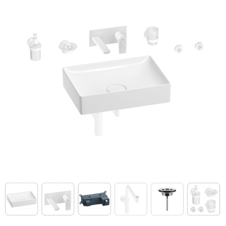 Раковина для ванной Wellsee Pure BY Wellsee 201006445 в наборе 8 в 1: раковина белого глянцевого цвета, встраиваемый смеситель, сифон, выпуск, аксессуары (цвет набора матовый белый)
