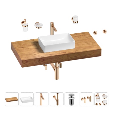 Раковина 42 см со столешницей 100 см Wellsee Pure BY Wellsee 201010834 в наборе 10 в 1: столешница, раковина, высокий смеситель, сифон, выпуск, кран-вентили, аксессуары (цвет розовое золото)