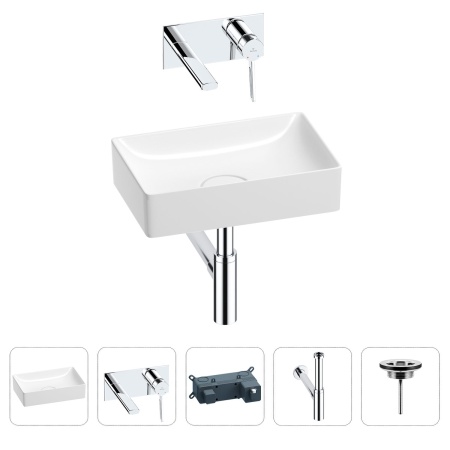 Раковина для ванной Wellsee Pure BY Wellsee 201002581 в наборе 4 в 1: раковина белого глянцевого цвета, встраиваемый смеситель, сифон, выпуск (цвет набора хром)