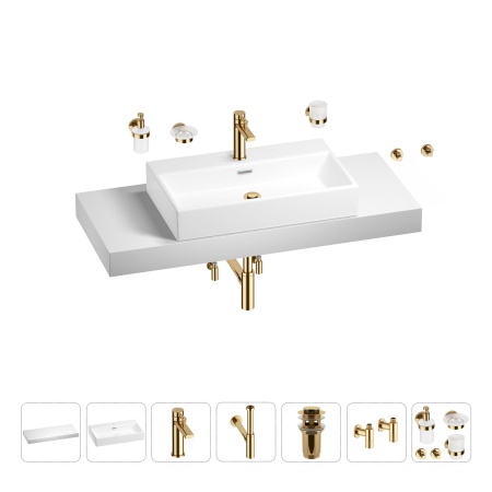 Раковина 70 см со столешницей 120 см Wellsee Graceful Pro 201012738 в наборе 10 в 1: столешница, раковина, смеситель, сифон, донный клапан, угловые вентили, аксессуары (цвет золото)