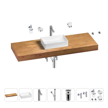 Раковина 42 см со столешницей 140 см Wellsee Pure BY Wellsee 201011011 в наборе 10 в 1: столешница, раковина, высокий смеситель, сифон, выпуск, кран-вентили, аксессуары (цвет хром)