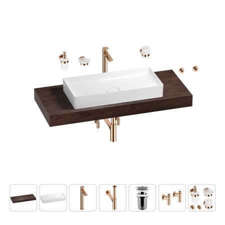 Раковина 75 см со столешницей 120 см Wellsee Pure BY Wellsee 201011734 в наборе 10 в 1: столешница, раковина, высокий смеситель, сифон, выпуск, кран-вентили, аксессуары (цвет розовое золото)